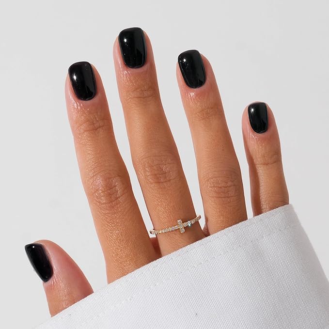 Press On Nails Squoval - Black Fake Nails Short Full Cover Acrylic Glue on Nails in 12 Sizes - 24 Piece Pure Color Nail Kit，Natural Fit for Women & Girls Daily Wear