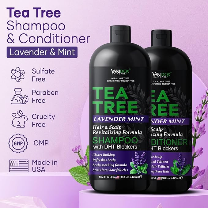 Tea Tree Shampoo and Conditioner Set with Lavender and Mint | DHT Blockers | With 100% Pure Tea Tree Oil for Itchy, Dry Scalp | Sulfate & Paraben Free | For Men & Women | 16 fl oz Each-VivaGrace Women