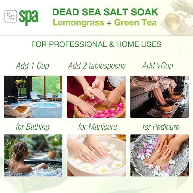 BCL SPA Dead Sea Salt Soak - Bath Salt with Organic Lemongrass + Green Tea, Shae Butter, Arnica, Aloe Vera Juice, Chamomile, Argan Oil & Jojoba Oil - Skin Exfoliator - Home/Professional Use 16 fl oz-VivaGrace Women