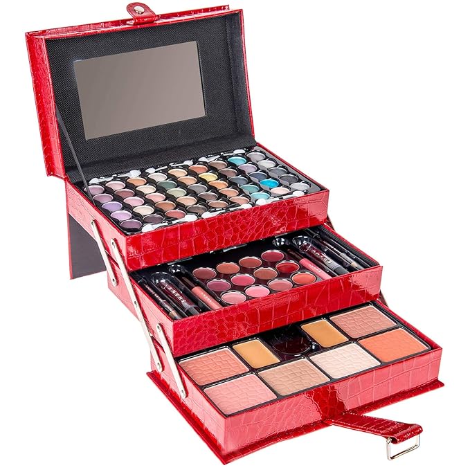 SHANY All In One Makeup Kit (Eyeshadow, Blushes, Face Powder, Lipstick, Eye liners, Makeup Pencils and Makeup Mirror - Makeup Set With Reusable Makeup Storage Box - Red-VivaGrace Women
