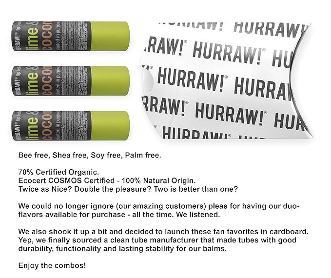 Hurraw! Lime & Coconut Lip Balm, 3 Pack: Plastic-Free with new cardboard push-up tube. Certified Organic, All Natural Origin, Vegan & Cruelty Free. Gluten Free. Bee, Shea, Soy & Palm Free. Made in USA-VivaGrace Women