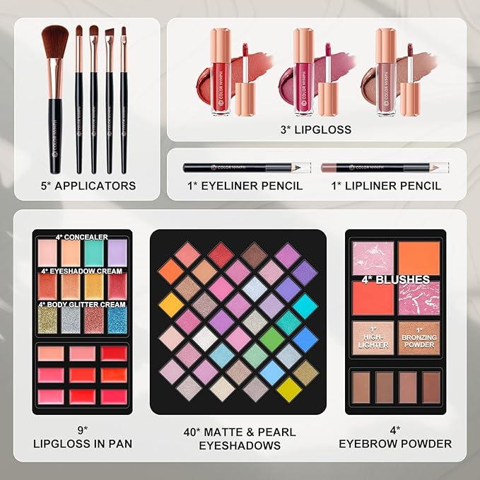 Makeup Kit for Women,All in One Makeup Gift Set for Girls in Cosmetic Train Case (Black) With Mirror,Full Cosmetic Kit Includes Eyeshadow Palette,Lipgloss,Blushes,Pencil,Brush Applicators-VivaGrace Women