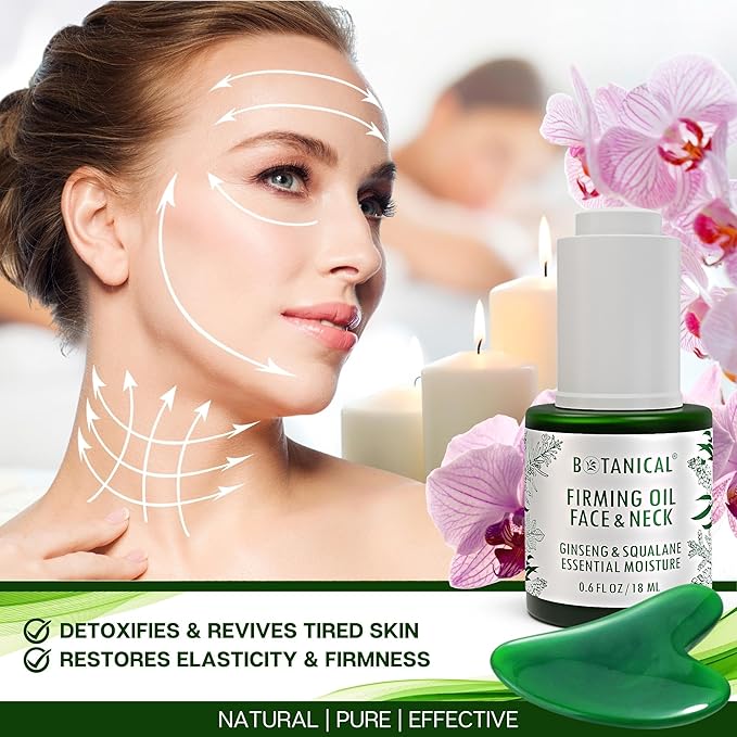 Botanical Face & Neck Firming Oil | Anti-Wrinkle Ginseng & Squalane Serum w/Gua Sha Lift Scraper | Organic, Pure, Natural Skincare (0.6 fl oz | 18 ml)-VivaGrace Women