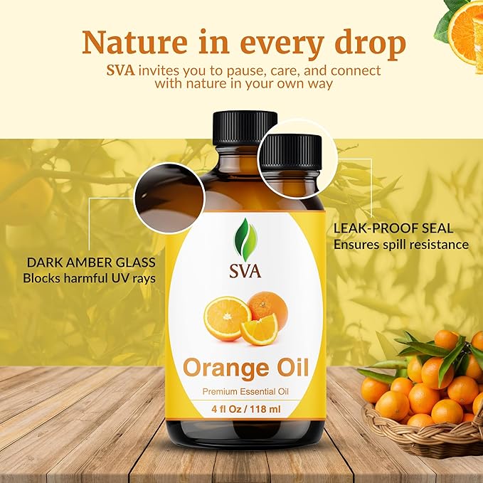 SVA Orange Essential Oil – 4 Fl Oz – 100% Natural Orange Oil - for Diffuser, Hair Care, Face, Skin Care, Aromatherapy, Scalp and Body Massage, Soap and Candle Making - with Dropper-VivaGrace Women