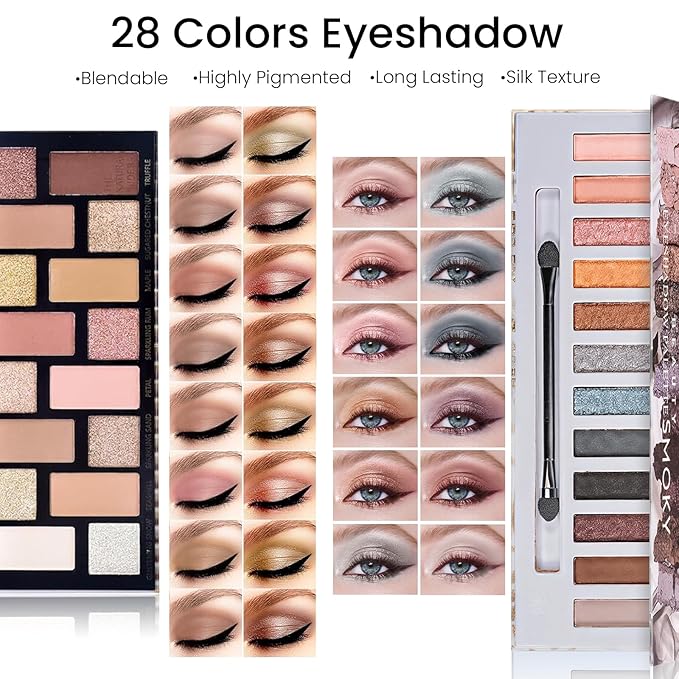 Makeup Present Set for Teen Girl Women, Travel Makeup Kit, Makeup Full Kit for Beginner, Makeup Bundle Include 2 Matte & Shimmer Eyeshadow Palettes, Liquid Glitter Eyeshadow & Eyeliner-VivaGrace Women