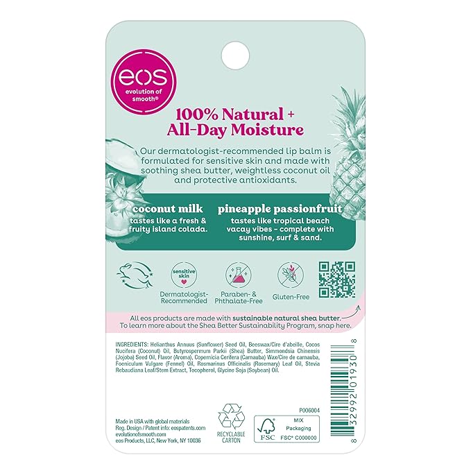 eos 100% Natural Lip Balm- Coconut Milk and Pineapple Passionfruit, All-Day Moisture Lip Care, 0.14 oz, 2 Pack-VivaGrace Women