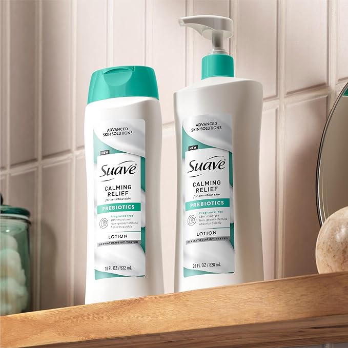 Suave Calming Relief Hand & Body Lotion for Women With Prebiotics For Sensitive Skin, Fragrance & Allergen Free, Helps Restore Skin's Moisture Barrier, 18 FL OZ, 6 Pack-VivaGrace Women