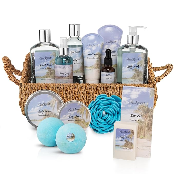 Bath Spa Gift Sets - Luxury Basket With Ocean & Coconut - Spa Kit Includes Wash, Bubble Bath, Lotion, Bath Salts, Body Scrub, Body Spray, Shower Puff, Bathbombs, Soap in Wooden Basket-VivaGrace Women