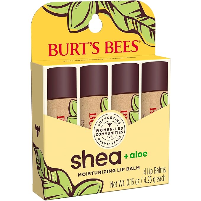 Burt's Bees Lip Balm Mothers Day Gifts for Mom - Shea and Aloe Lip Moisturizer With Responsibly Sourced Beeswax, Tint-Free, Natural Origin Conditioning Lip Treatment, 4 Tubes, 0.15 oz.-VivaGrace Women