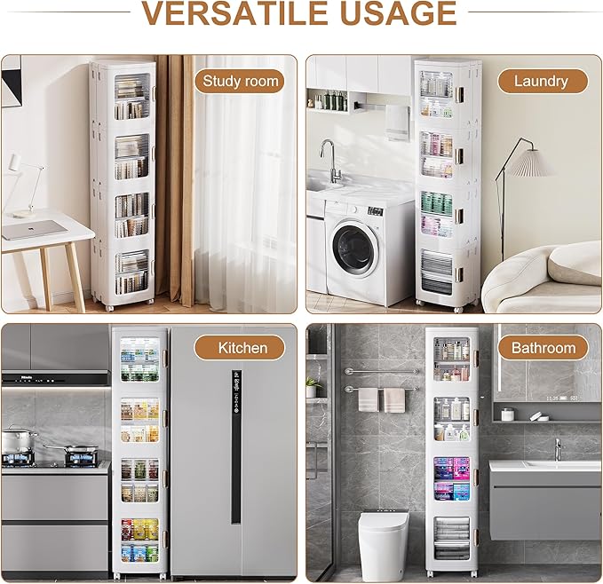 VECELO 4-Tier Plastic Tall Narrow Storage Cabinet with Movable Wheels, Adjustable Shelves, Magnetic Doors, Slim Bathroom Organizers and Storage for Small Space, Bathroom, Kitchen, Laundry, White-VivaGrace Women
