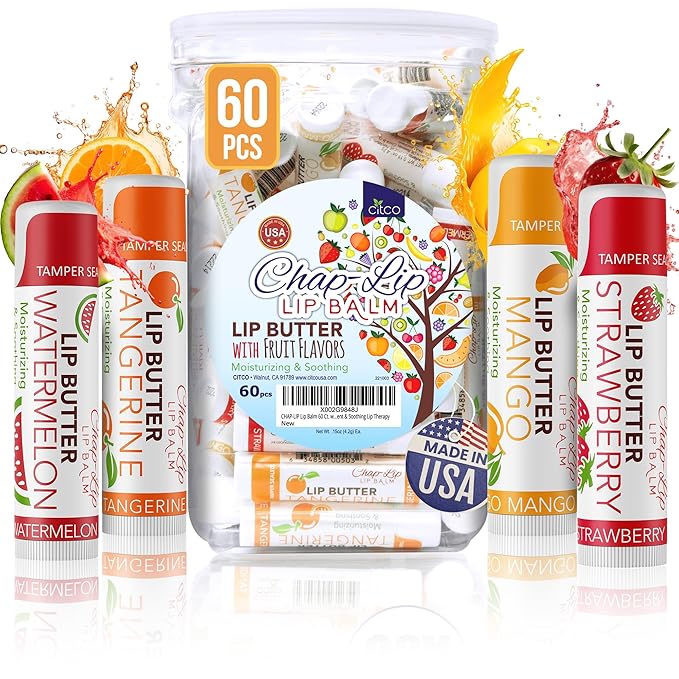 CHAP-LIP Original Lip Balm Hydrating Bulk Chap Stick with Fruit Flavors, Coconut Oil, and Cocoa Butter - Lip Therapy Pack for Men and Women - Gift Set Made in the USA, 60 Pack-VivaGrace Women