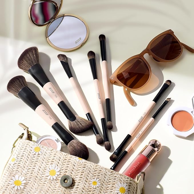 Jessup Makeup Brushes Set 7pcs Double Sided Makeup Brushes for Foundation Concealer Blush Eyeshadow Contour Bronzer Powder Blending Eyebrow Eyeliner, Cruelty-Free Make up Brushes Peach Dust T600-VivaGrace Women