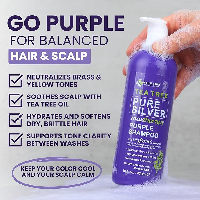 Tea Tree Purple Shampoo for Blonde, Bleached, Silver & Grey Hair, Anti-Brass Toner, Boosts Highlights & Color, Revitalizes, Relieves Itchy Scalp & Salon-Grade Hair Toner Shampoo.-VivaGrace Women