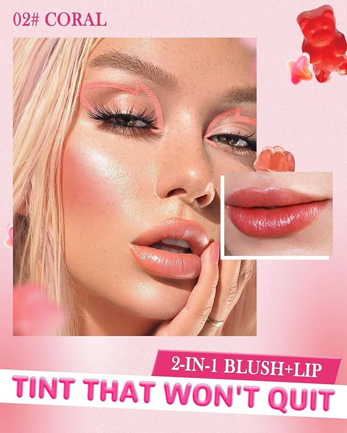 Makeup Jelly Tint,Cooling Water Jelly Tint Coral Blush Stick, Sheer Lip & Cheek Tint Stain, Long Lasting Waterproof Jelly Blush Lip Gloss, Vivid Color, Non-Sticky, Buildable Tinted Jelly Lip Stains-02-VivaGrace Women