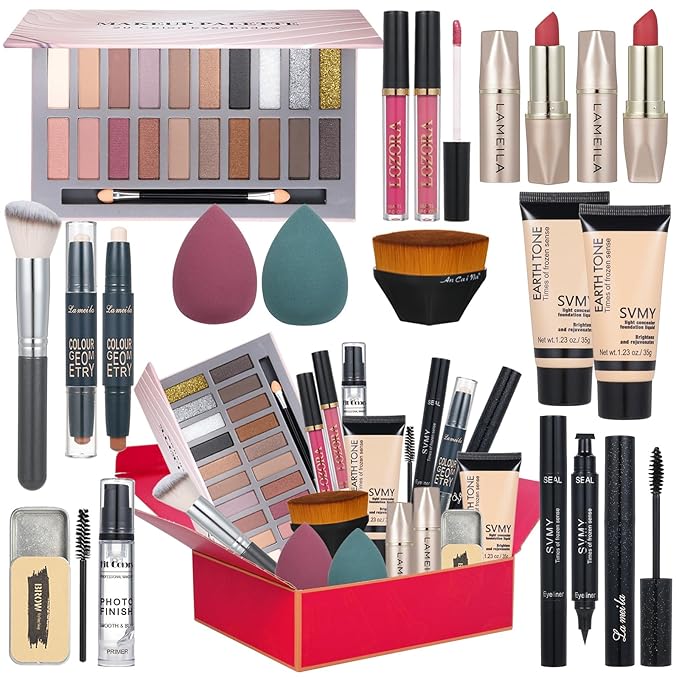 All in One Makeup Kit for Women Full Kit Includes Palette Foundation & Face Primer, Makeup Brush Makeup Sponge, Eyebrow Soap, Winged Eyeliner Stamp 20 Colors Eyeshadow Gift Set for Women, Girls & Teen-VivaGrace Women