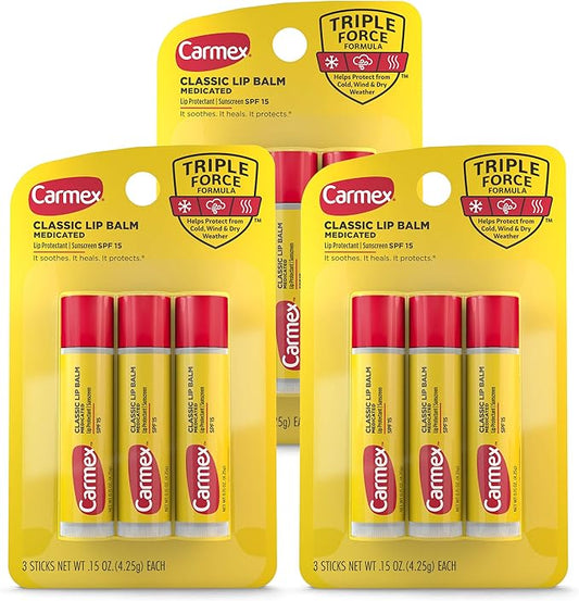 Carmex Classic Medicated Lip Balm Sticks, Lip Moisturizer for Chapped Lips, 9 Count (3 Packs of 3)-VivaGrace Women