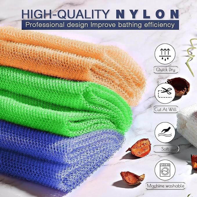 UJFQBH 3 Pieces African Bath Sponge African Net Long Net Bath Sponge Exfoliating Shower Body Scrubber Back Scrubber Skin Smoother,Great for Daily Use (Orange、Blue、Green)-VivaGrace Women