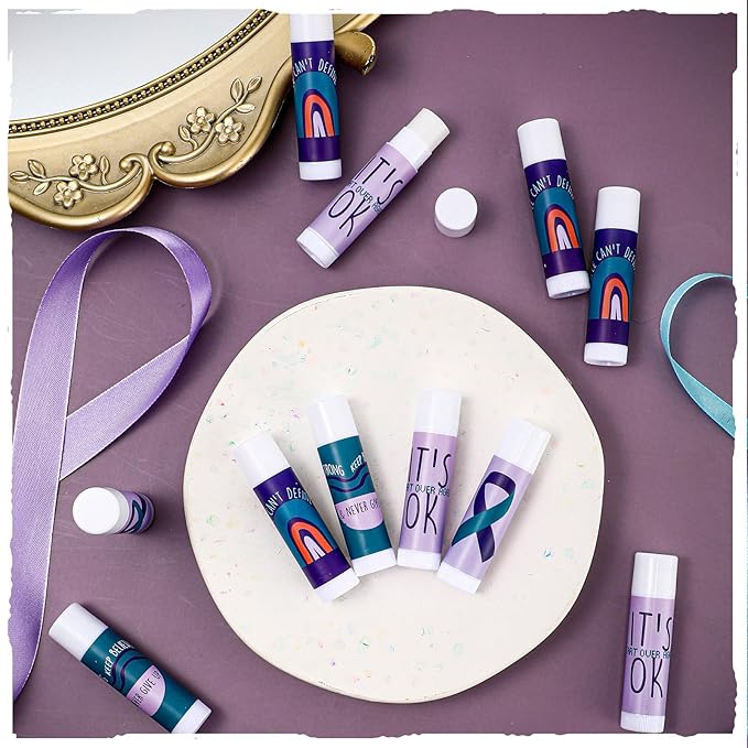 Fumete 50 Pcs Suicide Prevention Awareness Lip Balm Bulks Purple Teal Ribbon Lip Balm Mental Health Care Gift for Suicide Prevention Awareness Inspirational Favor Charity Campaign Supplies-VivaGrace Women