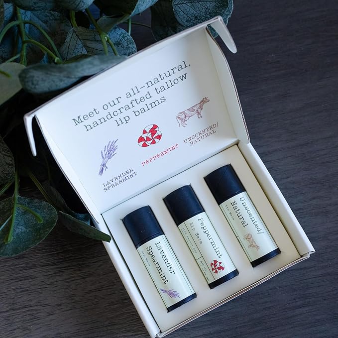 Handmade Tallow Lip Balm Collection: Unscented/Peppermint/Lavender-Spearmint (3x .33 oz)-VivaGrace Women