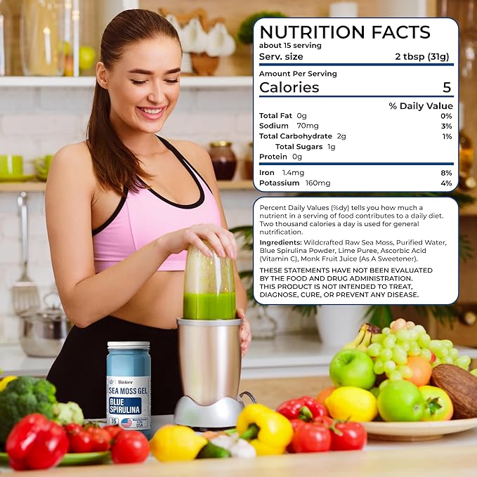 Biolore Sea Moss Gel - Blue Spirulina 16oz, Wildcrafted Irish Seamoss with Essential Vitamins & Trace Minerals, Vegan Superfood Made in USA-VivaGrace Women