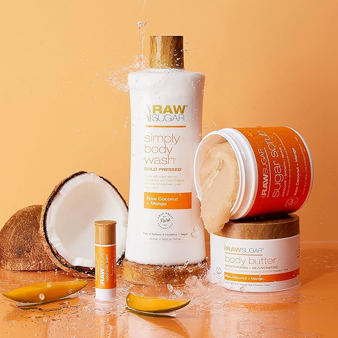 Raw Sugar Nourishing Raw Coconut + Mango Body Love Bundle - Body Wash, Body Scrub, Body Butter & Lip Balm, Clean, Made with Plant-Derived Ingredients, Formulated without Sulfates and Parabens-VivaGrace Women