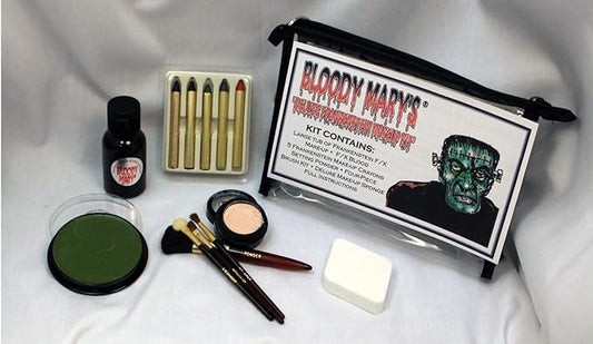 Frankenstein Monster Makeup Kit By Bloody Mary - Special Effects Halloween Costume Decoration - Professional Foundation Makeup, FX Blood, 5 Crayons, Setting Powder, 4 Brushes, Sponge & Zippered Case-VivaGrace Women