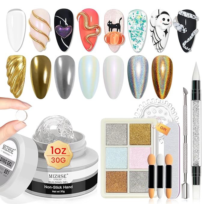 MIZHSE Solid Builder Gel - 1 oz Clear Non Stick Hand Hard Gel with 6 Colors Chrome Nail Powder and Nail Form Extension Kit for Salon and Home DIY-VivaGrace Women