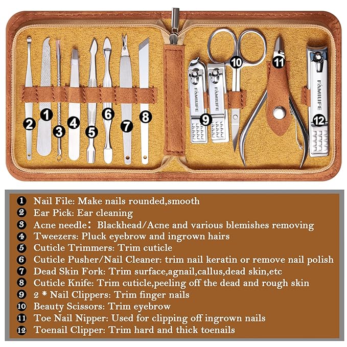 FAMILIFE Manicure Set, Nail Professional Kit Manicure Kits Nail Clipper Sets, 13PCS Stainless Steel Pedicure Sets Mens Grooming Tool, with Brown Leather Travel Case for Men-VivaGrace Women