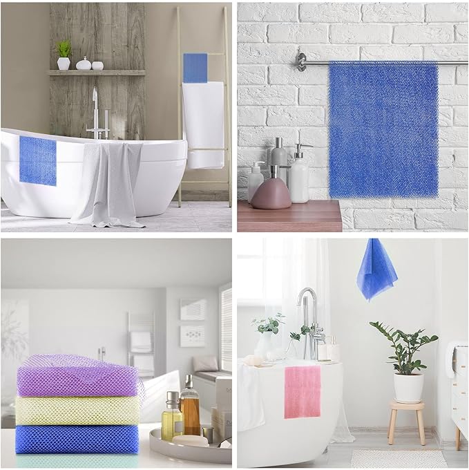 UJFQBH 3 Pieces African Bath Sponge African Net Long Net Bath Sponge Exfoliating Shower Body Scrubber Back Scrubber Skin Smoother,Great for Daily Use (Purple,Blue,Off-White)-VivaGrace Women