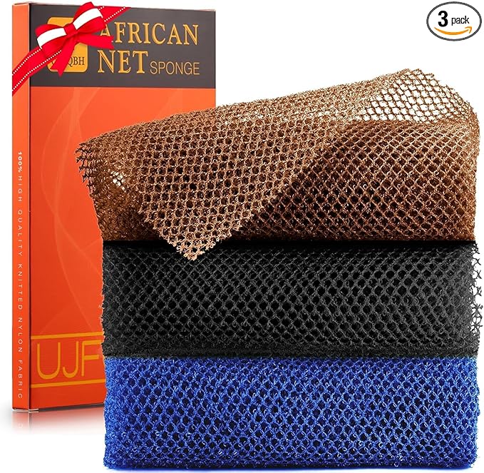 3 Pieces African Bath Sponge African Net Long Net Bath Sponge Exfoliating Shower Body Scrubber Back Scrubber Skin Smoother,Great for Daily Use (Black、Blue、Brown)-VivaGrace Women
