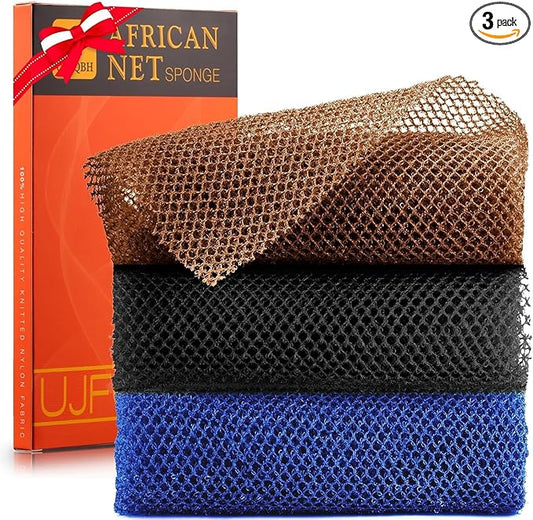 3 Pieces African Bath Sponge African Net Long Net Bath Sponge Exfoliating Shower Body Scrubber Back Scrubber Skin Smoother,Great for Daily Use (Black、Blue、Brown)-VivaGrace Women