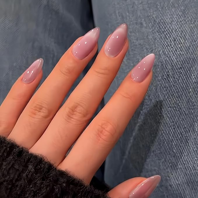 KQueenest Dusty Pink Cat Eye Press on Nails Almond Shape, 30 Pcs Glitter Fake Nails Medium, Thick Sparkle Glass Nails Press on, Shiny Acrylic Nails, Cute Bling Stick on Nails for Women