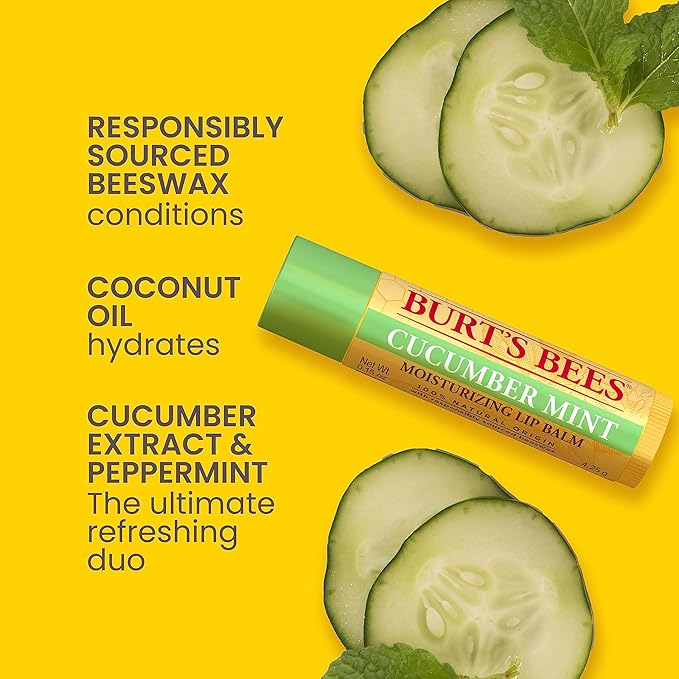 Burt's Bees Lip Balm - Original Beeswax, Cucumber Mint, Watermelon & Sweet Mandarin, With Responsibly Sourced Beeswax, Tint-Free, Natural Origin Treatment, 4 Tubes, 0.15 oz.-VivaGrace Women