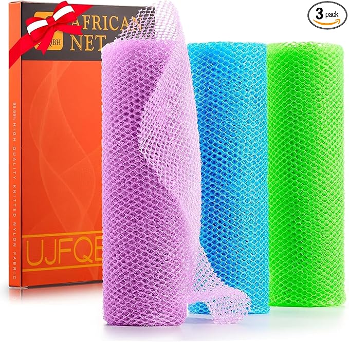 UJFQBH 3 Pieces African Bath Sponge African Net Long Net Bath Sponge Exfoliating Shower Body Scrubber Back Scrubber Skin Smoother,Great for Daily Use (Pale Purple, Blue, Green)-VivaGrace Women