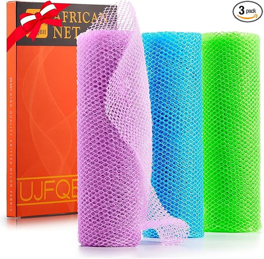 UJFQBH 3 Pieces African Bath Sponge African Net Long Net Bath Sponge Exfoliating Shower Body Scrubber Back Scrubber Skin Smoother,Great for Daily Use (Pale Purple, Blue, Green)-VivaGrace Women