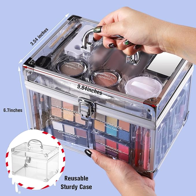 Makeup Kit for Women Full Kit - Eyeshadow Palette, Lipsticks, Lipgloss, Blushes, Contour, Highlighters, Makeup Pencil, False Eyelashes, Re-usable Train Case Gift Set for Teen Girls Starters Pros-VivaGrace Women