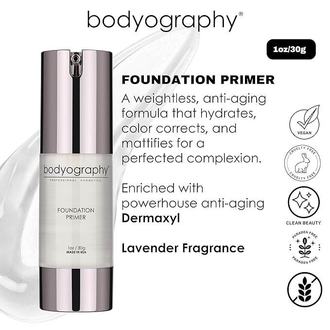 BODYOGRAPHY - Foundation Primer (Clear): Flawless Anti-Aging Salon Makeup Primer w/Vitamin E, A, Jojoba, Grapeseed Oil | Control Shine | Gluten-Free, Cruelty-Free, 1 oz.-VivaGrace Women