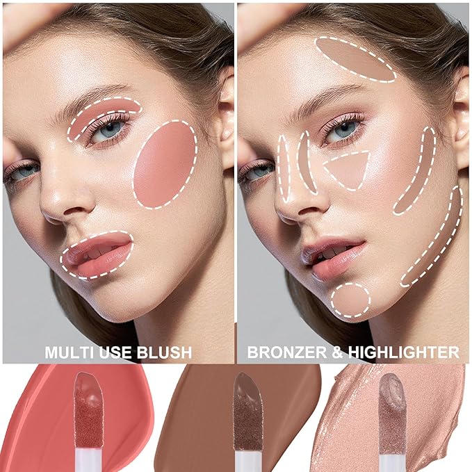 3Pcs Liquid Contour Makeup Trio with Bronzer Shade, Blush, Highlighter for Sculpted Makeup, Matte Finish Liquid Contour Set Easy to Create a Lightweight Look, Longwear Waterproof Formula (3, 9, 14)-VivaGrace Women