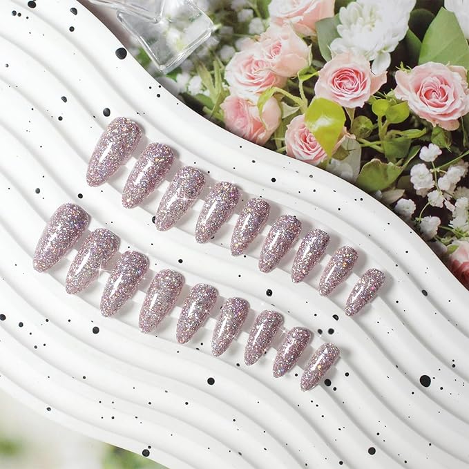 Light Pink Glitter Press on Nails Medium Almond Shape,KQueenest Iridescent Shimmer Acrylic Fake Nails,Sparkling Gel Nails Press ons,Glossy Flash Glue on Nails Medium False Nails with Designs in 24 PCS