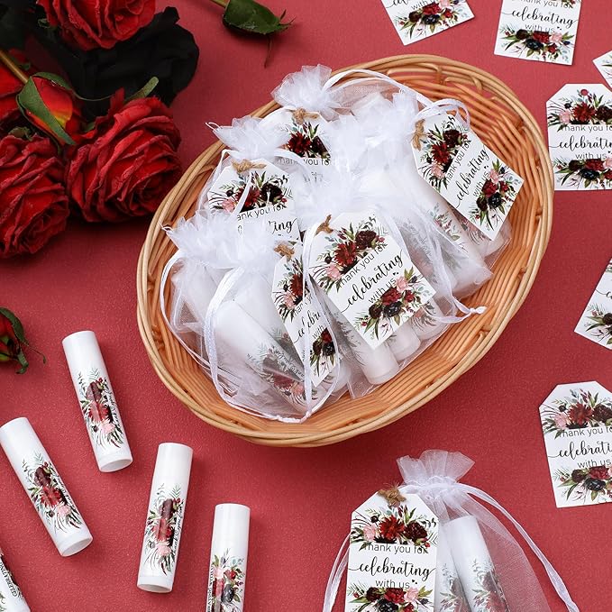 Dunzy 50 Pack Bridal Shower Favors Gifts Bulk Burgundy Floral Lip Balms Party Supplies Wedding Party Favors Bachelorette Prizes Souvenirs Thank You Appreciation Gifts for Guests Women Coworker Staff-VivaGrace Women