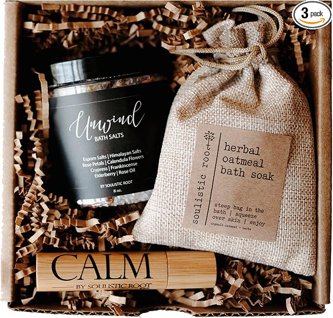 Relaxing Bath Gift Set, Luxury Spa Gifts for Women, Self Care Products for Women and Men, Calm Essential Oil Roller, Oatmeal Lavender Bath Soak & Epsom Salts with Essential Oils-VivaGrace Women
