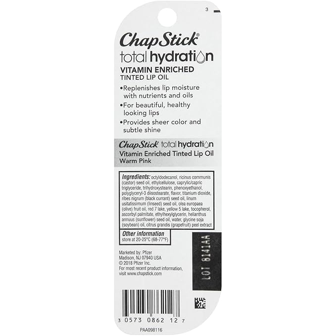 ChapStick Total Hydration Vitamin Enriched Warm Pink Tinted Lip Oil Tube, Lip Care - 0.24 Oz-VivaGrace Women