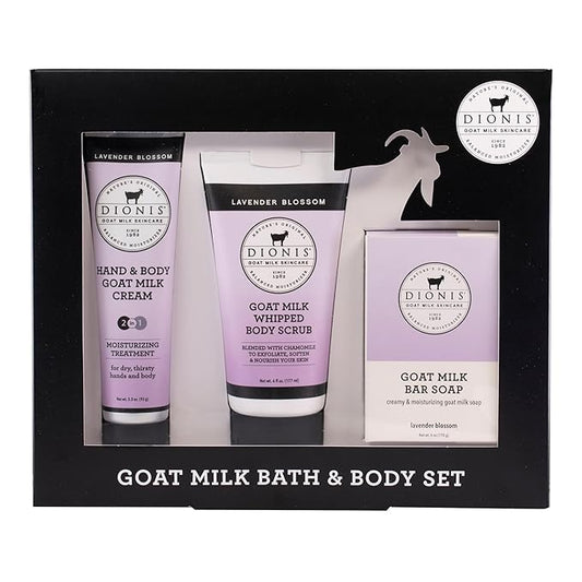 Dionis Goat Milk Skincare Lavender Blossom 3 Piece Self Care Essentials Gift Set - Bar Soap, Hand & Body Cream & Whipped Chamomile Sugar Body Scrub In Recyclable Box - Exfoliate & Moisturize Dry Skin-VivaGrace Women