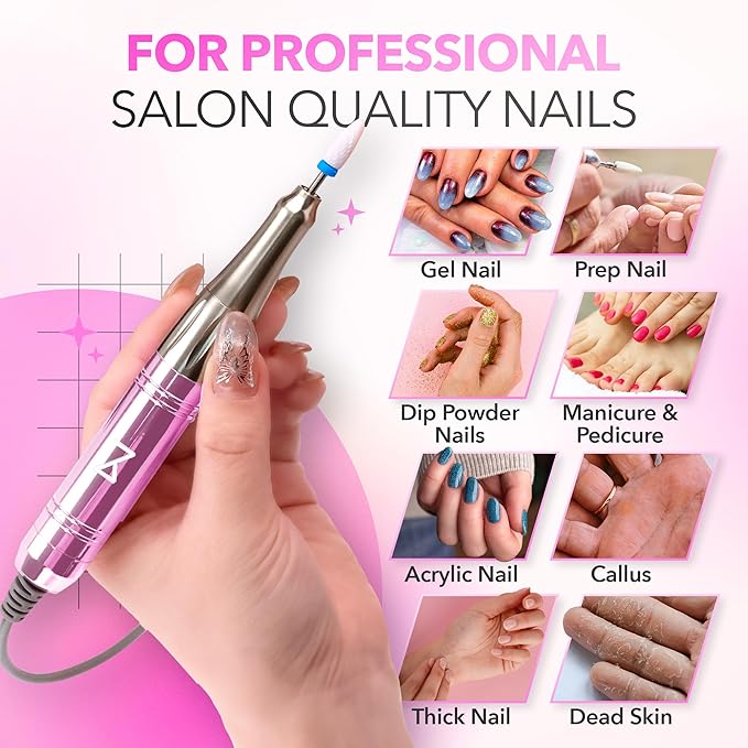 M Mase- Professional Nail Drill Machine - Coreless 2-in-1 Nail File - Electric, Cordless, 35000 RPM, HD Display - Electric Nail Drill for Professional & Home Use (Unicorn Pink)-VivaGrace Women