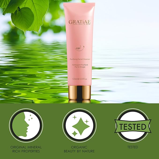 Gratiae Organics Purifying Exfoliating Facial Cleanser, exfoliating face scrub & face wash with witch hazel, jojoba oil, hydrating, non-drying skin care, 4.05Fl