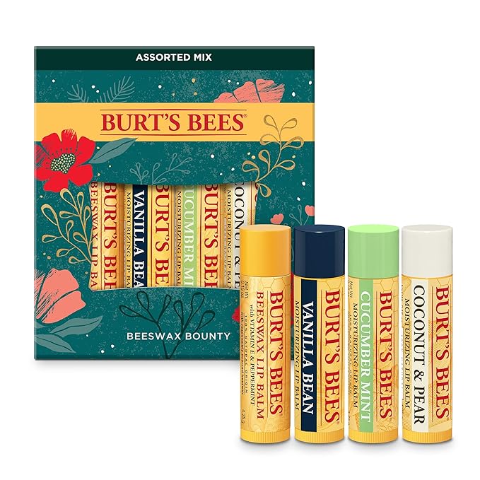 Burt’s Bees Holiday Gift, 4 Lip Balm Stocking Stuffer Products, Beeswax Bounty Assorted Set - Original Beeswax, Vanilla Bean, Cucumber Mint & Coconut Pear (Old Verison)-VivaGrace Women