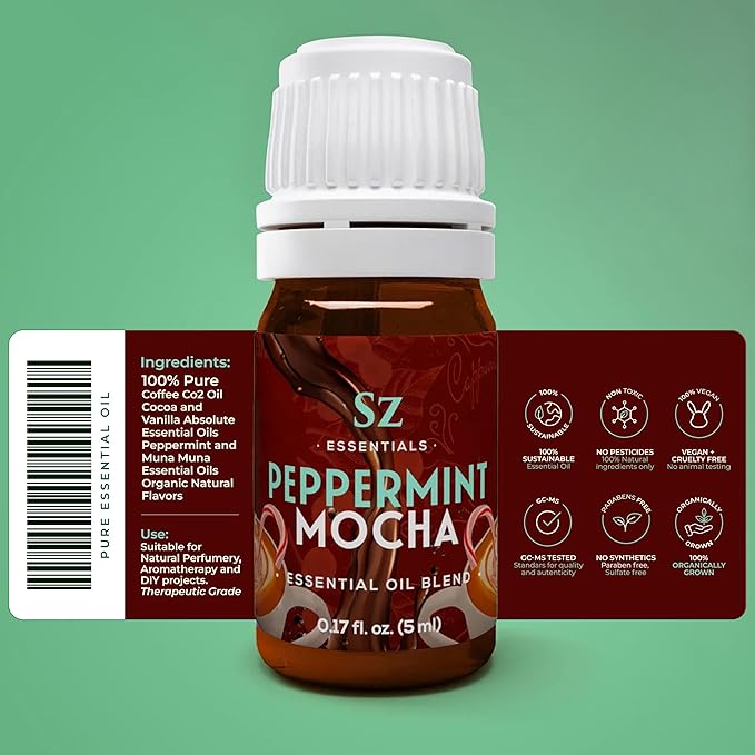 Peppermint Mocha Premium Essential Oil for Diffuser 100% Pure Essential Undiluted Oil - Extracted from Peppermint, Coffee, Cocoa with Vanilla Overtones - Plant Based - 0.17 Fl Oz (5ml)-VivaGrace Women