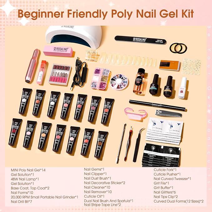 ROSALIND Poly Nail Gel Kit -14 Colors + 75 Nail Art Accessories Kit Nude Pink Series Poly Gel with Big Uv Light 48W and Electric Nail Drill Poly Nail Gel Starter Kit with Everything Gift-VivaGrace Women