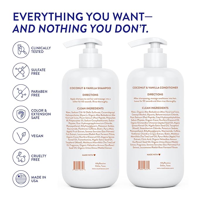 Routine Wellness Shampoo and Conditioner Set and Hair Serum for Thinning Hair - DHT Blocker Women & Men - Color Safe Shampoo for Hair Loss & Healthier Hair - Coconut & Vanilla Set + Serum-VivaGrace Women