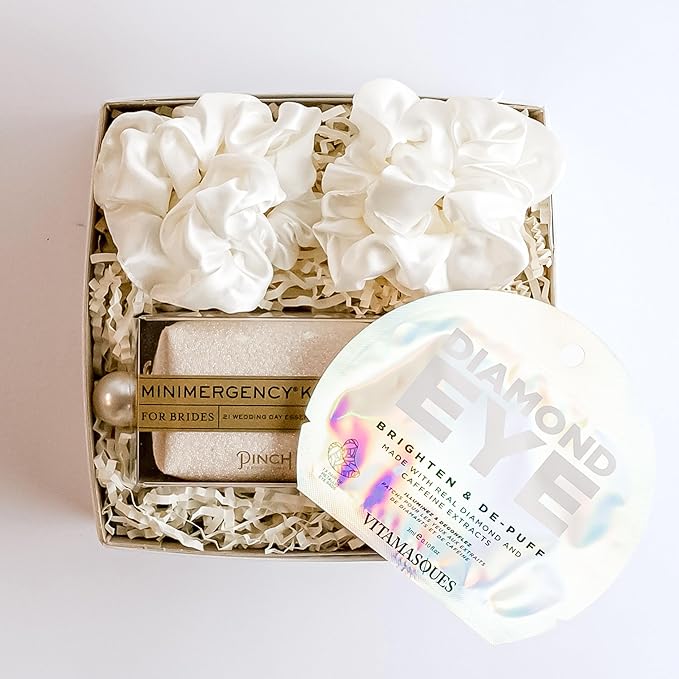 Bride Gift Box - Bride to Be Gift Set for Bridal Shower, Engagement Party, Bachelorette Party, Wedding Shower - White Silk Sateen Hair Scrunchies, Diamond Eye Mask, Bride Emergancy Kit-VivaGrace Women
